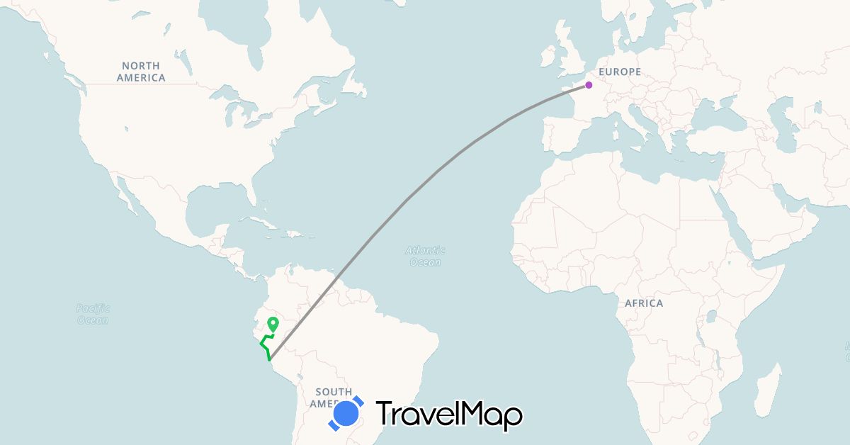 TravelMap itinerary: driving, bus, plane, train in France, Peru (Europe, South America)